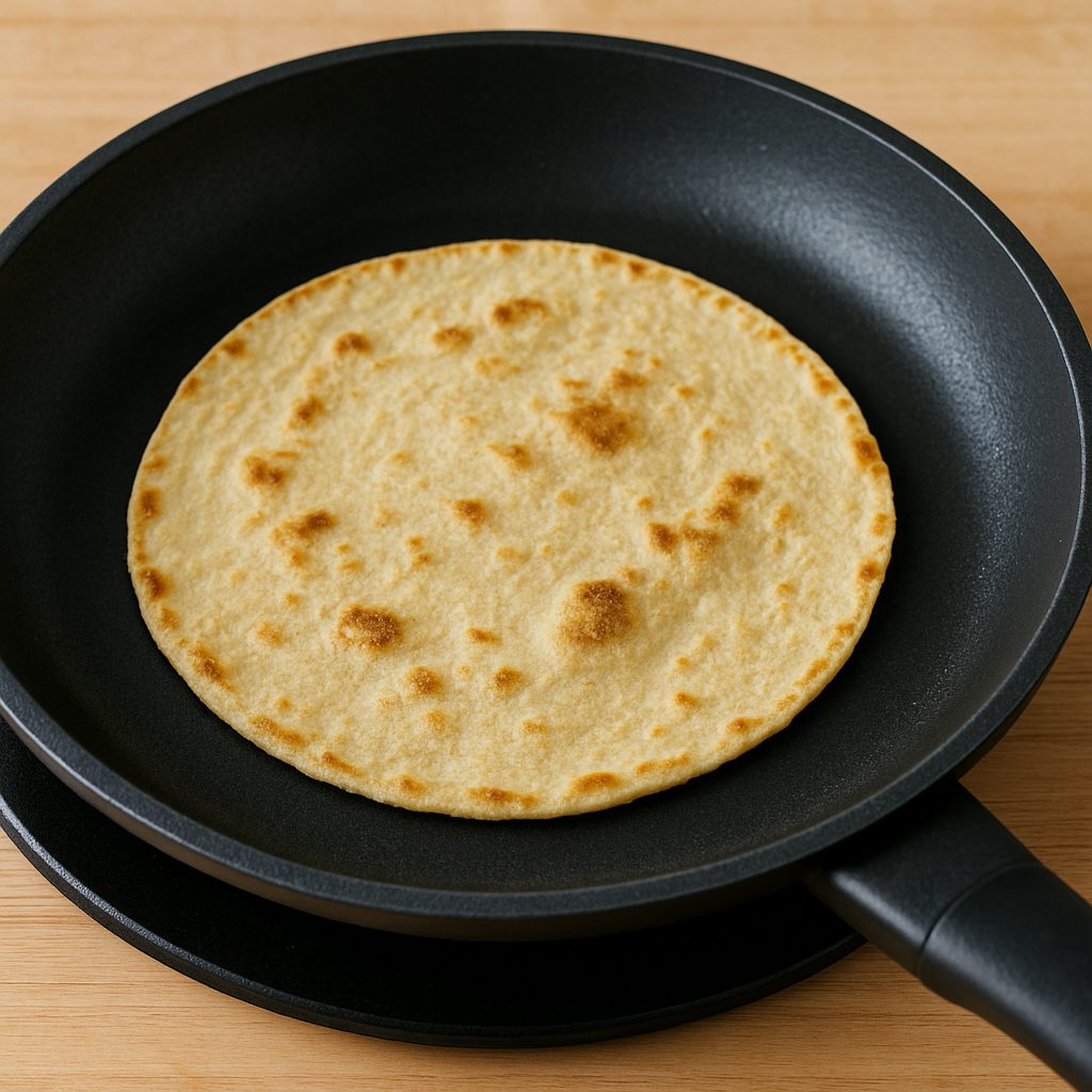 Tortilla de maíz calentándose en una sartén negra, mostrando un dorado uniforme y una textura suave.