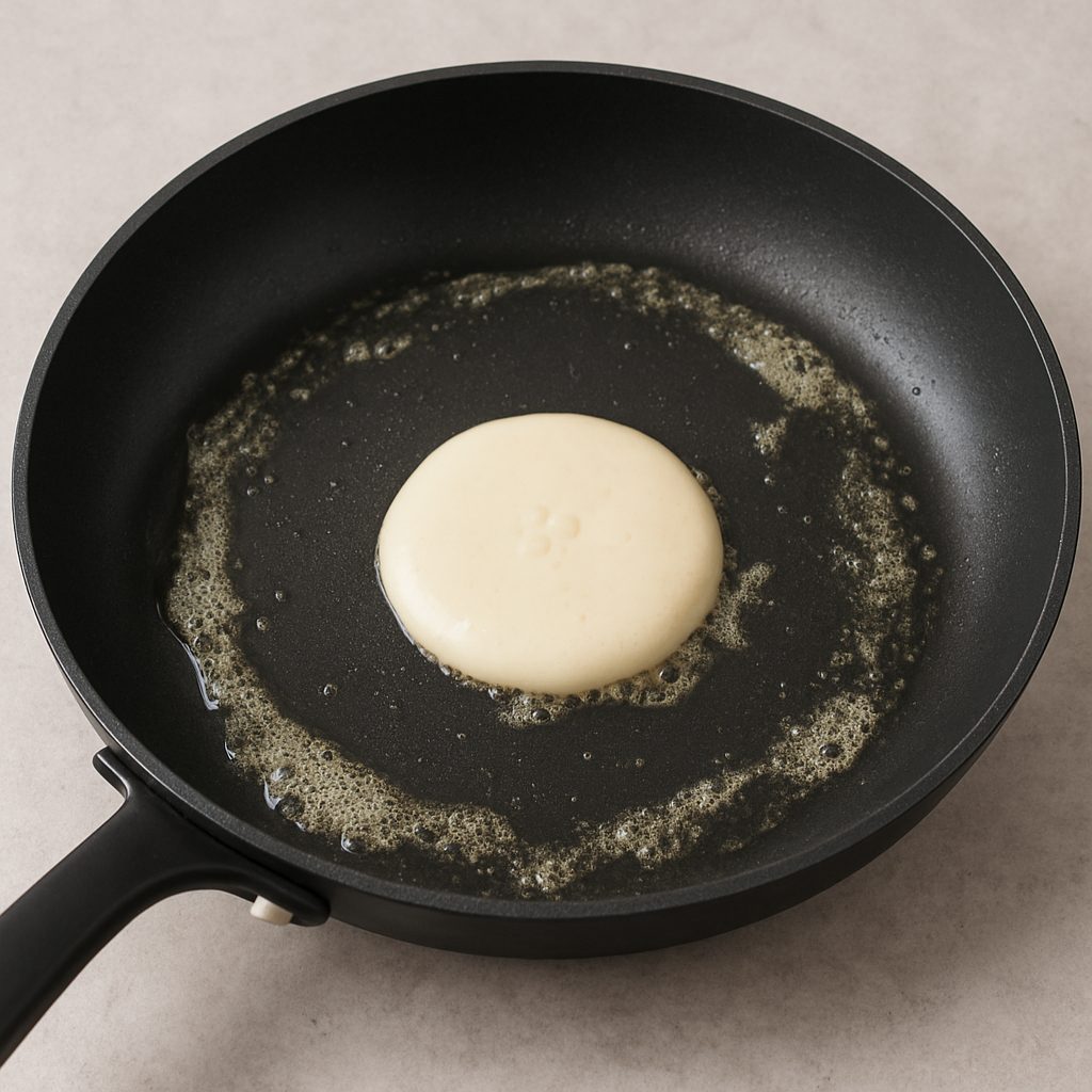 Panqueque comenzando a cocinarse en una sartén negra con mantequilla derretida, sobre una superficie clara.