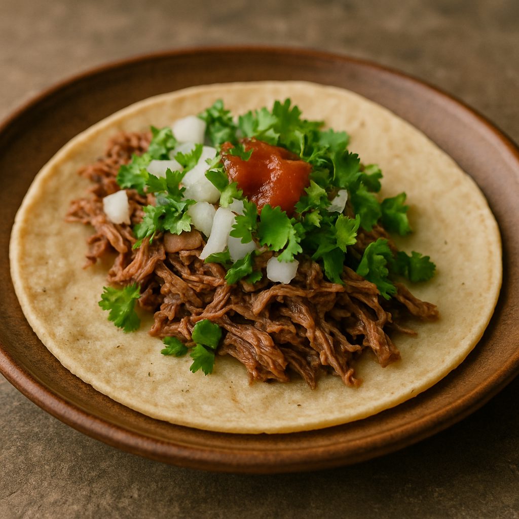 Taco de tortilla de maíz relleno con carne desmenuzada, cebolla picada, cilantro fresco y salsa roja, servido sobre un plato rústico.