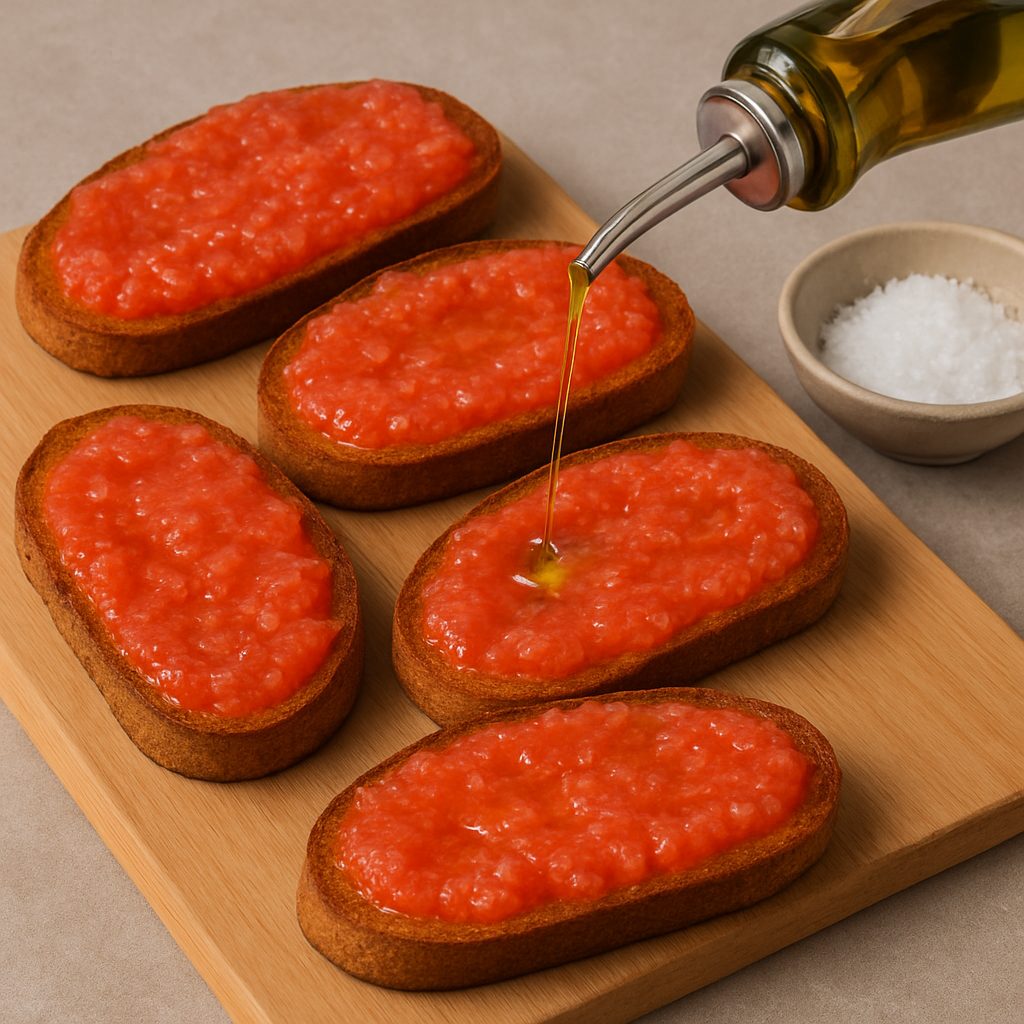  Pan con tomate siendo rociado con aceite de oliva virgen extra y acompañado de un cuenco con sal gruesa