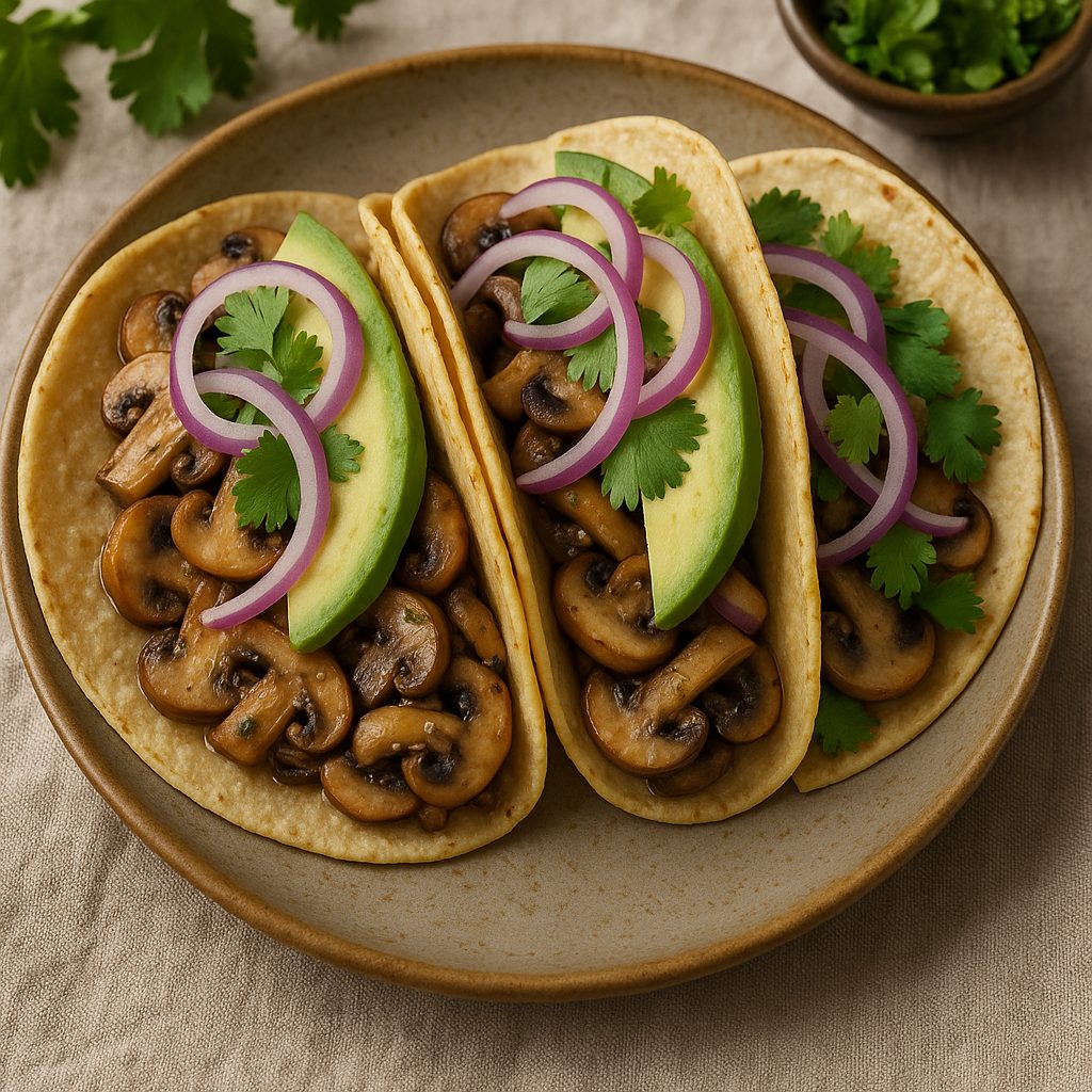 Tacos doblados rellenos de setas al ajillo, decorados con rodajas de aguacate, cebolla morada y hojas de cilantro, servidos sobre un plato rústico.