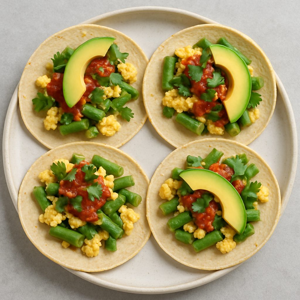tacos servidos en un plato, rellenos con ejotes y huevo, decorados con salsa roja, cilantro fresco y rodajas de aguacate.
