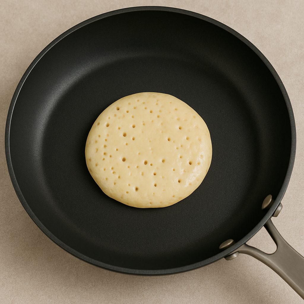 Pancake cocinándose en sartén, con burbujas formándose en la superficie indicando que está listo para voltearse.