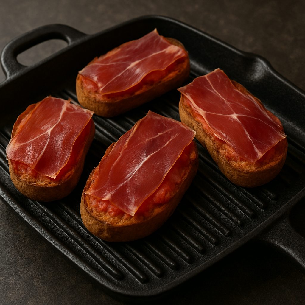 Rebanadas de pan con tomate cubiertas con lonchas finas de jamón serrano, servidas sobre una sartén de hierro.