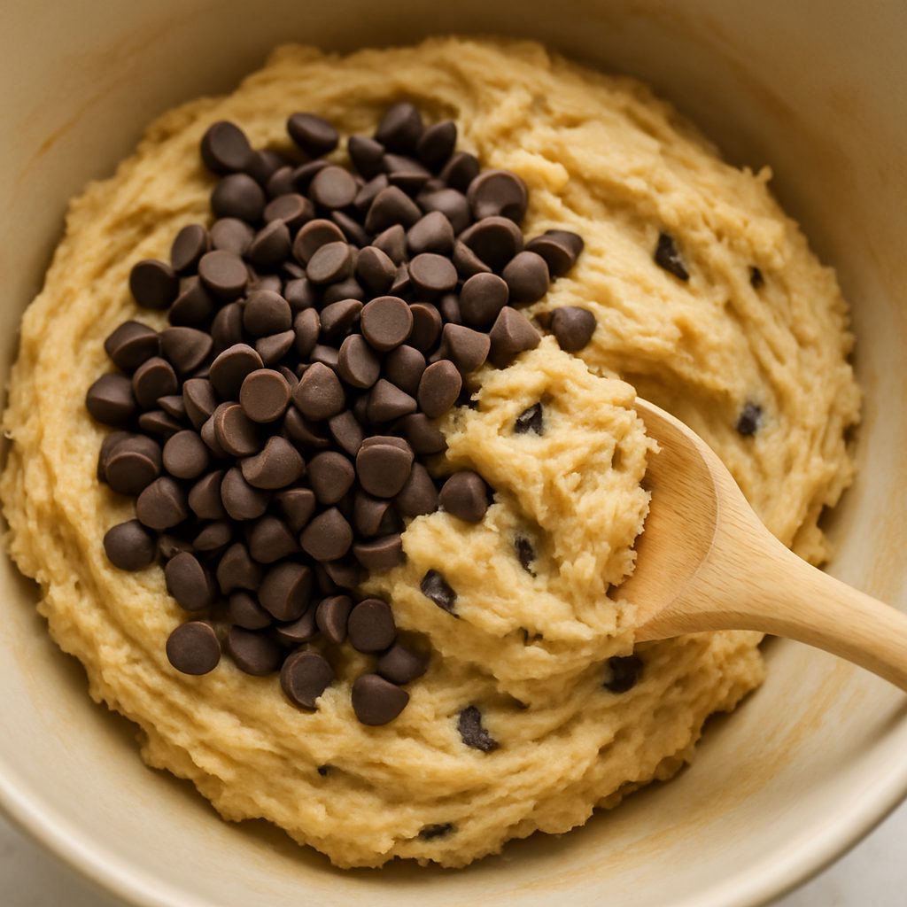 Masa para galletas en un bol, con chips de chocolate recién añadidos y una cuchara de madera lista para mezclarlos.