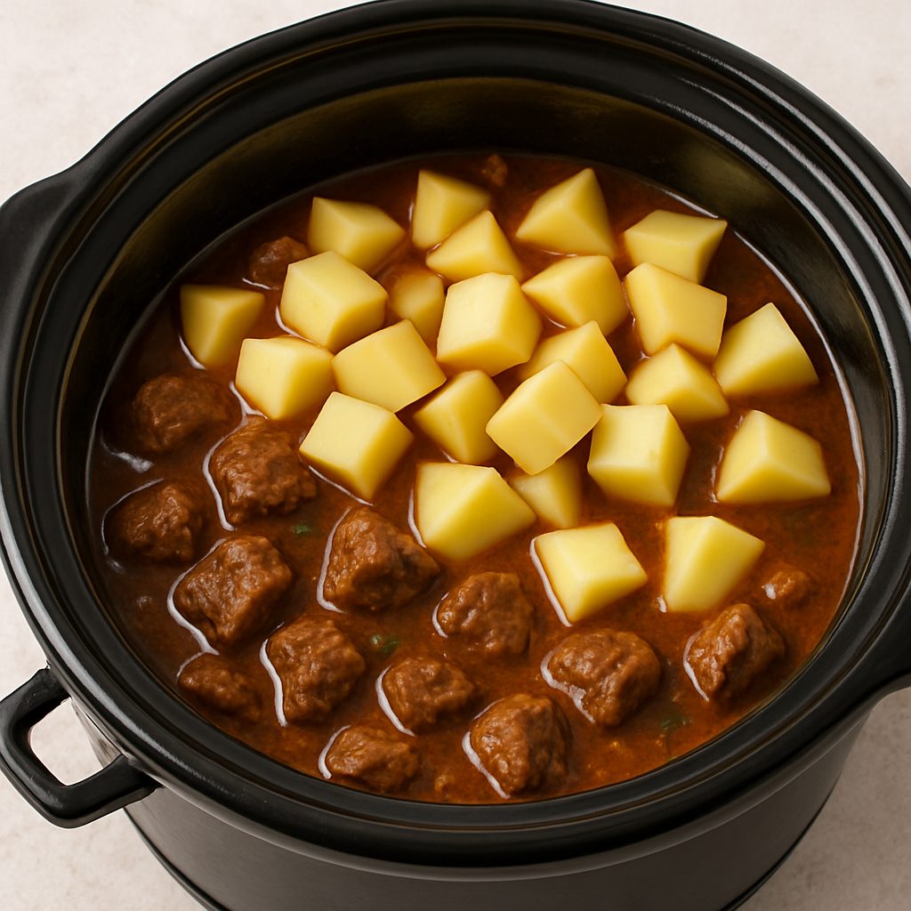 Papas cortadas en cubos siendo añadidas a una olla con estofado de carne y salsa espesa durante la cocción.