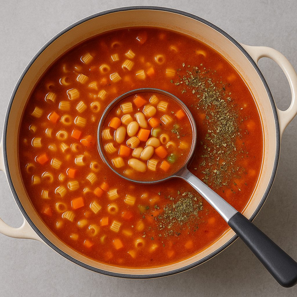 Olla con sopa minestrone hirviendo, donde se observan pequeños fideos ditalini y hierbas secas recién añadidas flotando en el caldo de tomate.