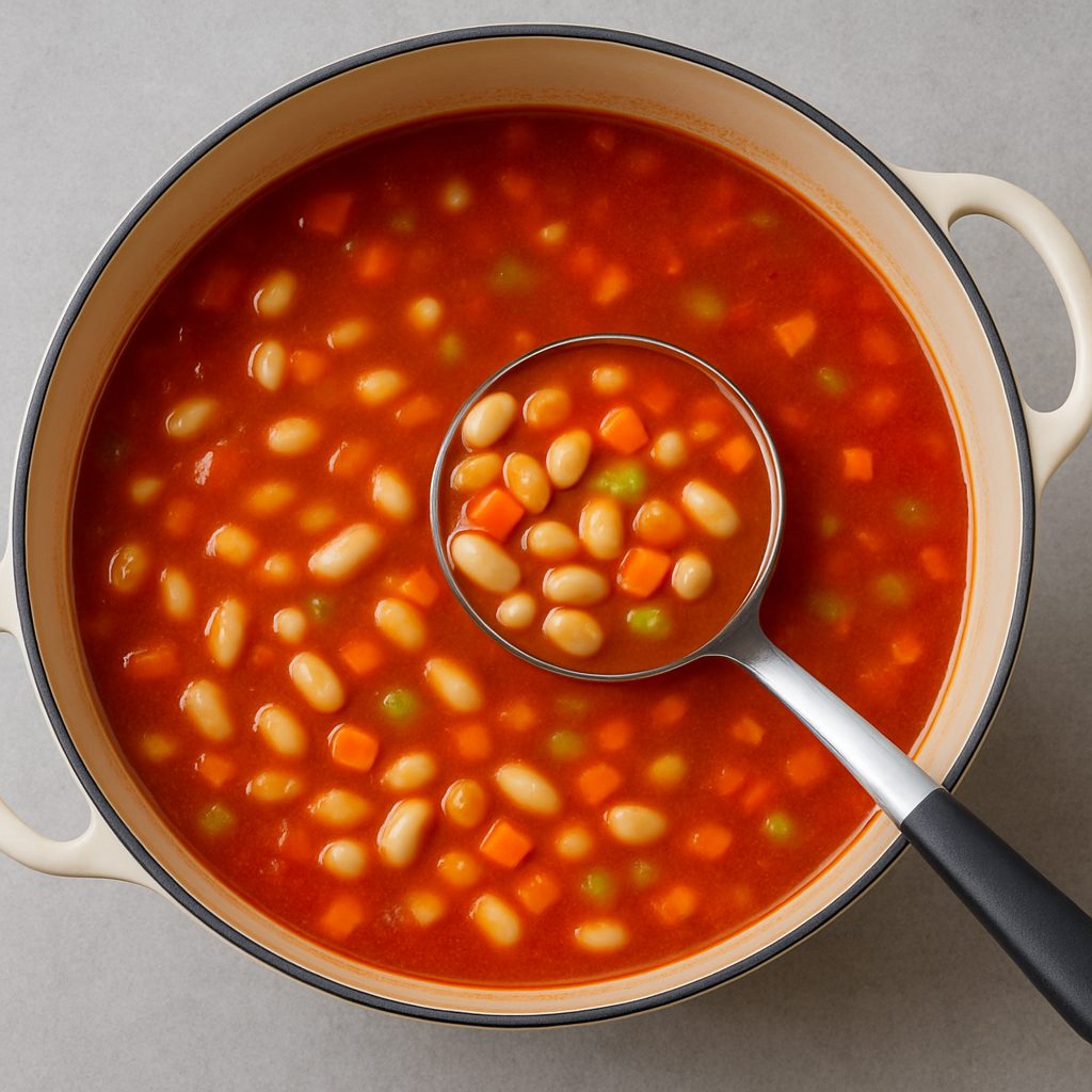 Olla con sopa minestrone donde se aprecian judías cannellini recién añadidas, mezcladas con caldo de tomate, zanahorias y guisantes.