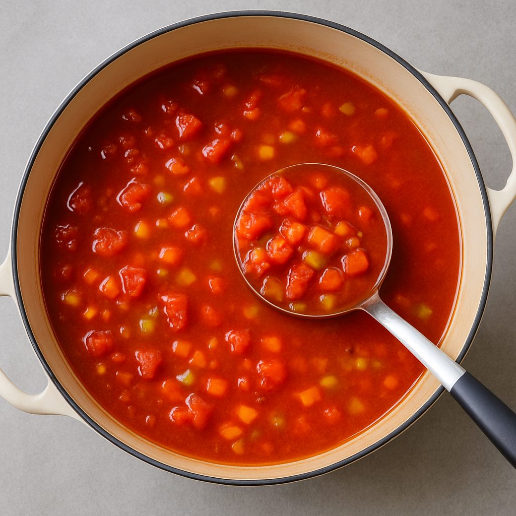 Olla con sopa minestrone en preparación, con tomates troceados y caldo de verduras recién añadidos, mezclados con zanahorias y apio.
