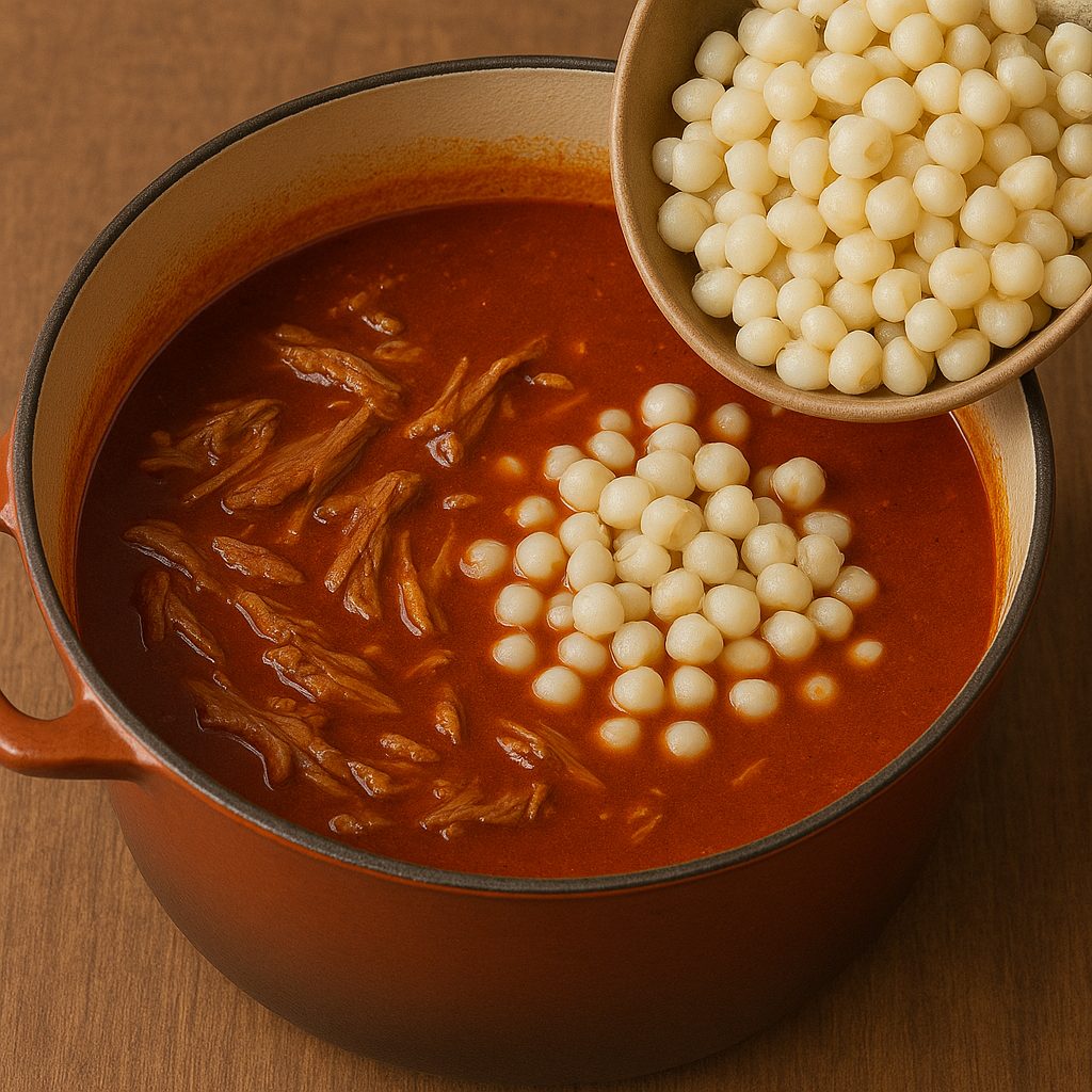 Olla con caldo rojo de pozole y carne deshebrada, mientras se añade maíz precocido desde un tazón, listo para integrarse y cocerse junto con los demás ingredientes.