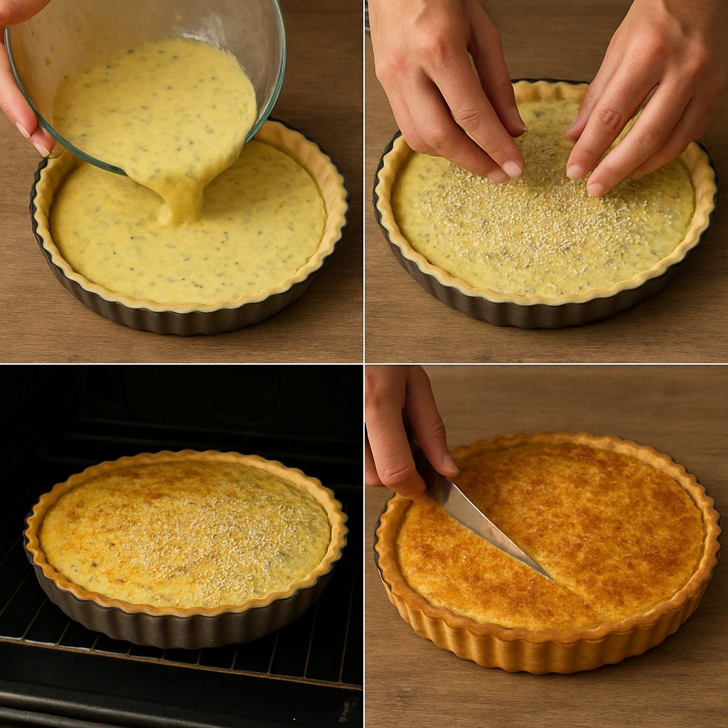 Quiche siendo rellenado con una mezcla cremosa, cubierto con semillas, horneado hasta dorar y finalmente cortado en porciones sobre una superficie de madera.