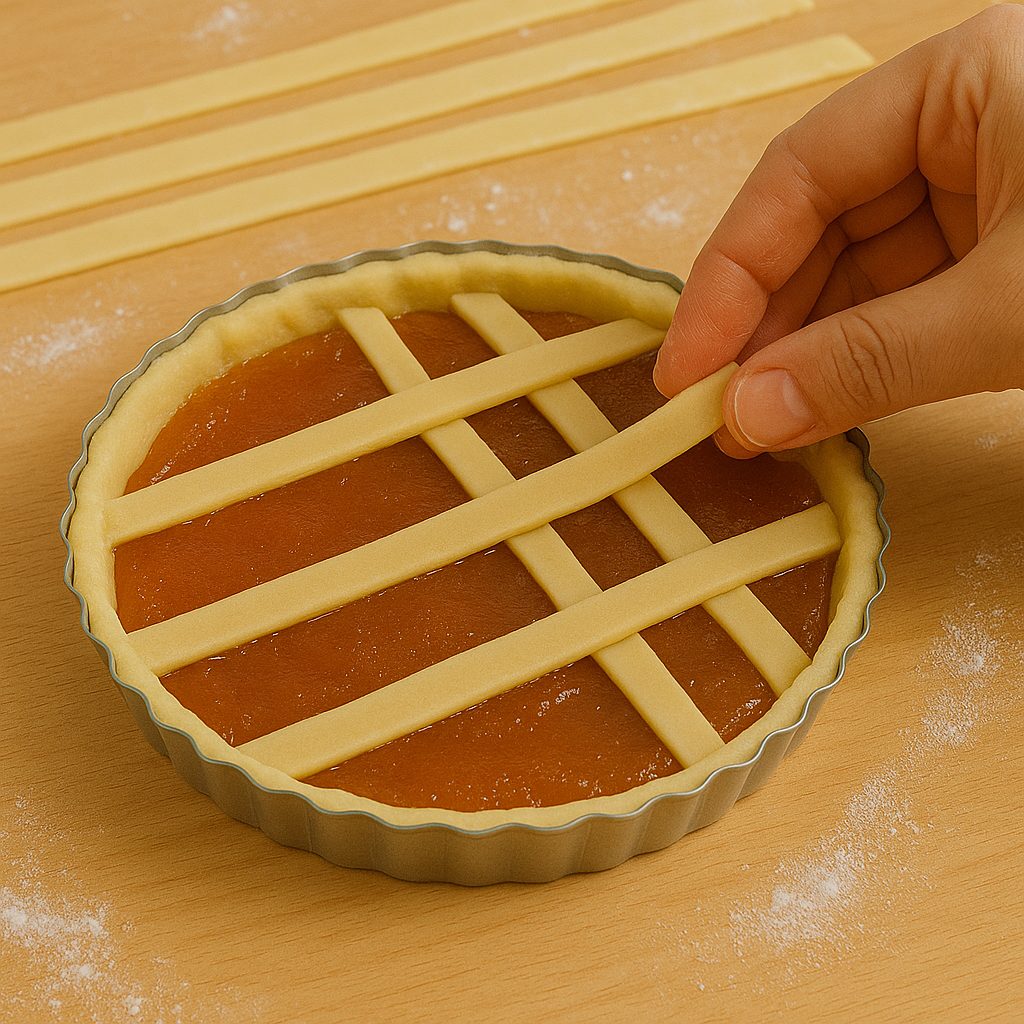 "Mano colocando una tira de masa sobre una tarta de membrillo para formar el clásico enrejado de la pasta frola."
