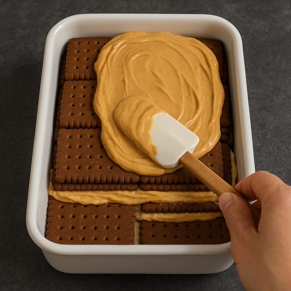 Molde rectangular con capas alternadas de galletitas de chocolate remojadas y crema de dulce de leche con queso, siendo extendida con una espátula.