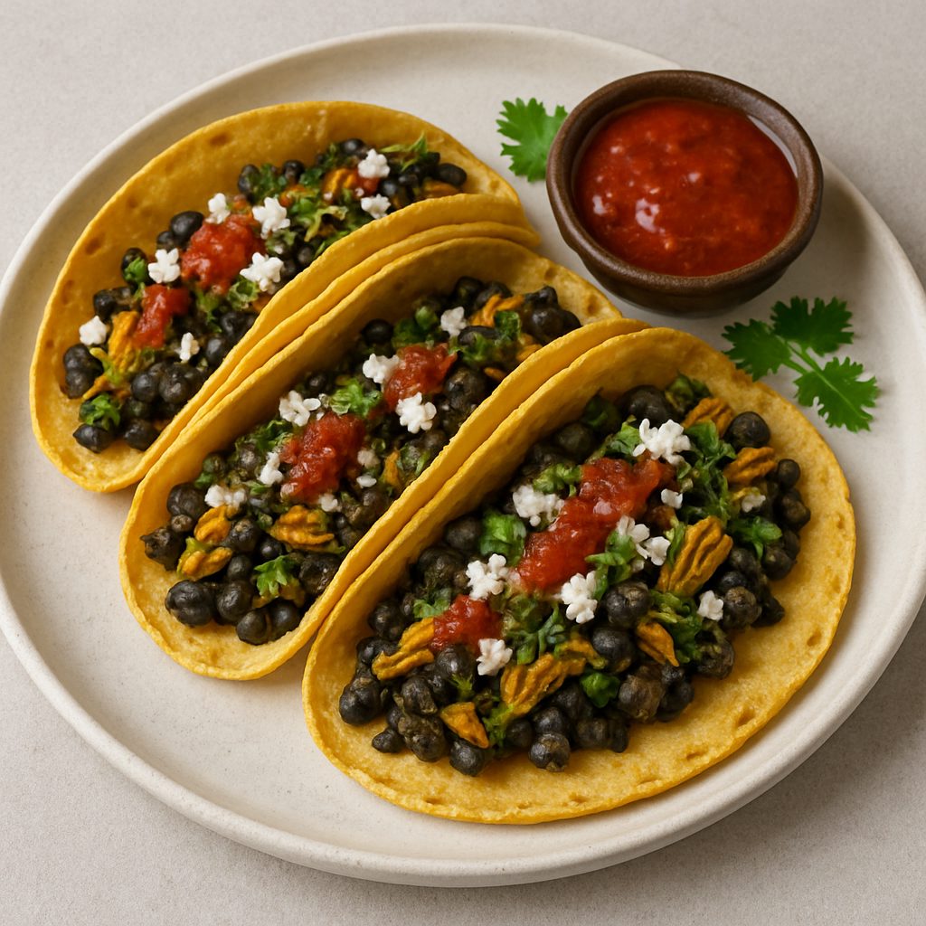 Tacos servidos en un plato con tortillas calientes, rellenos de huitlacoche, flores de calabaza, queso desmoronado, salsa roja y cilantro fresco.