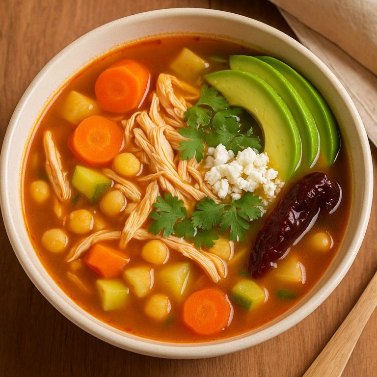 Caldo tlalpeño servido en un plato hondo con pollo desmenuzado, zanahorias, papas, calabacitas, garbanzos, chile chipotle, rodajas de aguacate, queso fresco y cilantro, todo en un caldo rojo ahumado.