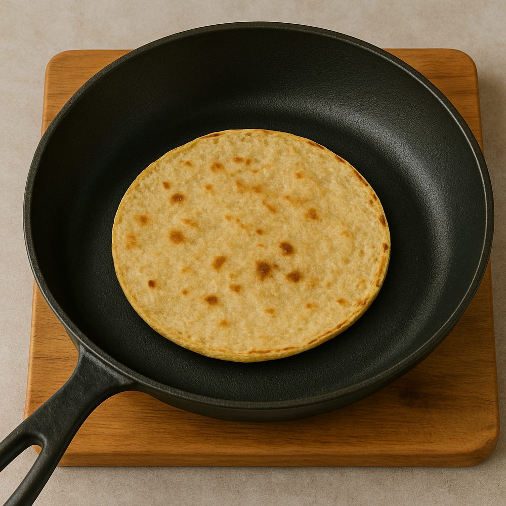 Tortilla de maíz calentándose en una sartén negra sobre una tabla de madera, con manchas doradas indicando que está lista para servir.