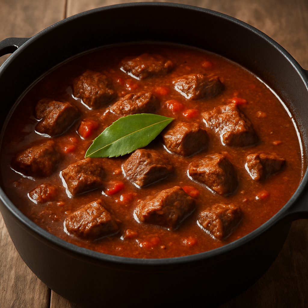 Olla con carne cocinándose a fuego lento con especias y caldo, mostrando una cocción suave que realza el sabor.