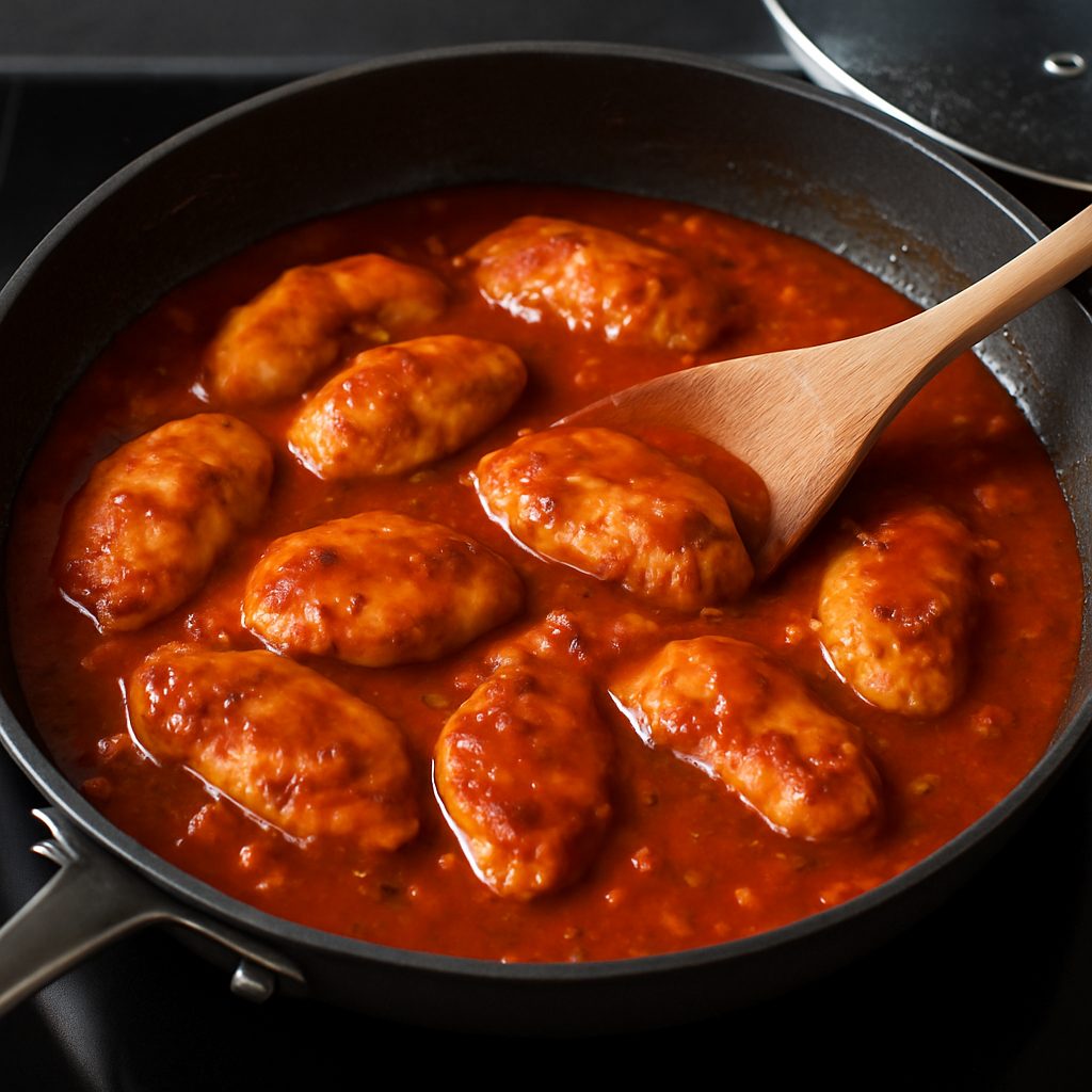 Pollo dorado en una sartén cubierto con salsa cremosa mientras se cocina a fuego medio con tapa.