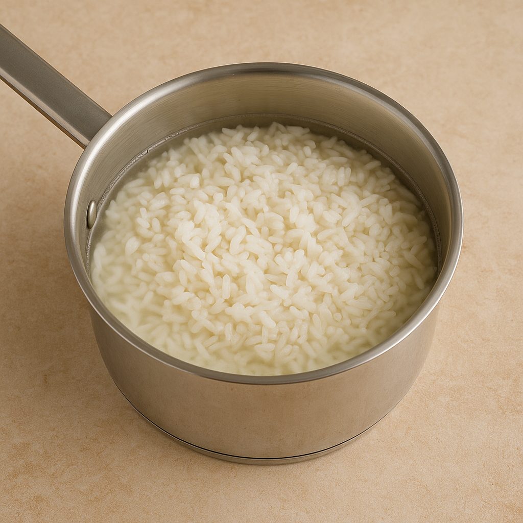 Arroz blanco cocinándose en una olla de acero inoxidable con agua, listo para ser usado en la preparación de tacos.