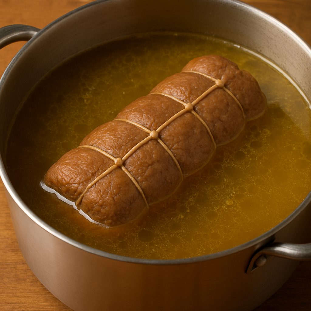 Imagen de un matambre enrollado y atado, cocinándose en una olla con caldo caliente, parcialmente sumergido en el líquido, sobre una mesa de madera.