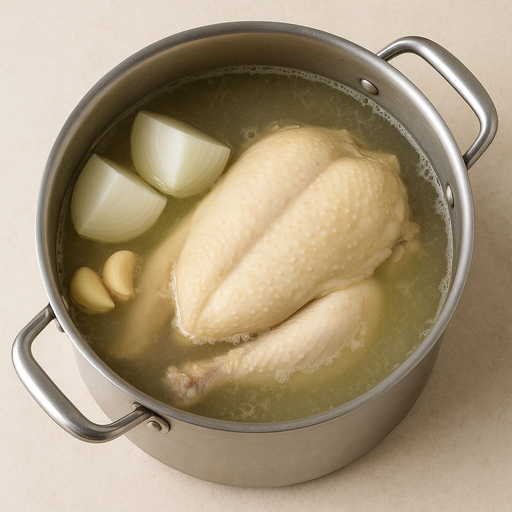 Olla con pollo, cebolla y ajos cocinándose en agua para preparar un caldo casero.