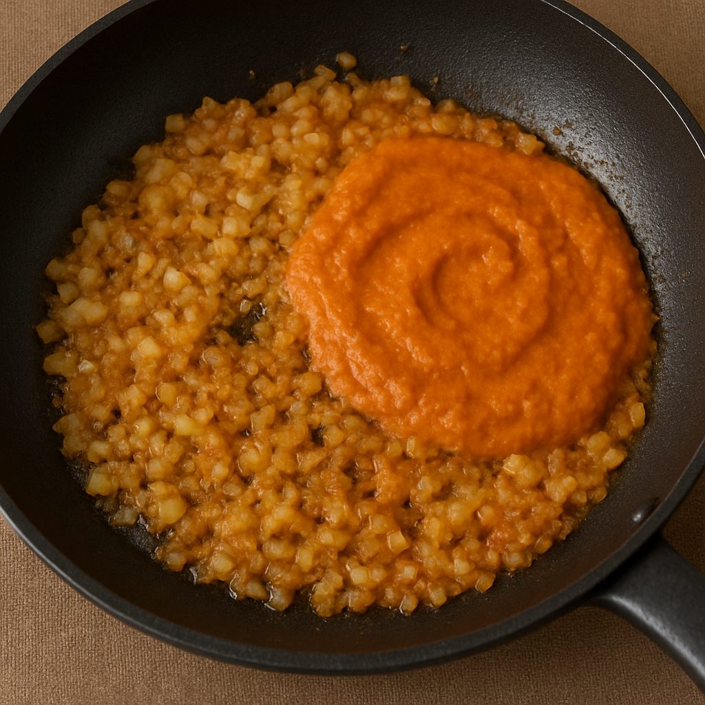 Cebolla picada sofrita en sartén con aderezo de ají amarillo y especias, base aromática del ají de pollo.