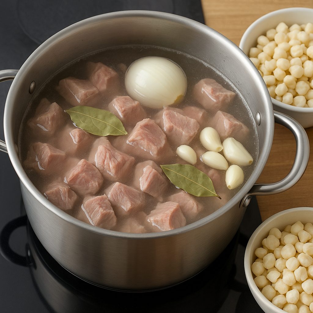 Olla con carne de cerdo en trozos cocinándose en agua con cebolla, ajo y hojas de laurel, junto a tazones con maíz precocido (hominy) listo para agregar.