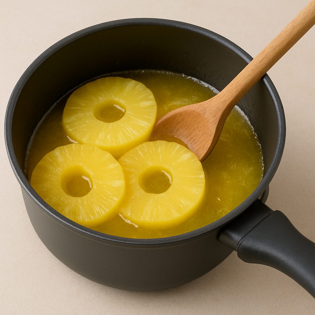Fotografía de rodajas de piña cocinándose a fuego lento en una cacerola con almíbar, removidas con una cuchara de madera sobre una superficie clara.