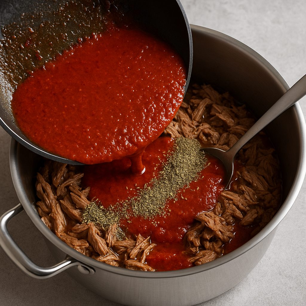 Salsa de chile cocida siendo vertida sobre carne desmenuzada en una olla, con orégano seco espolvoreado por encima.