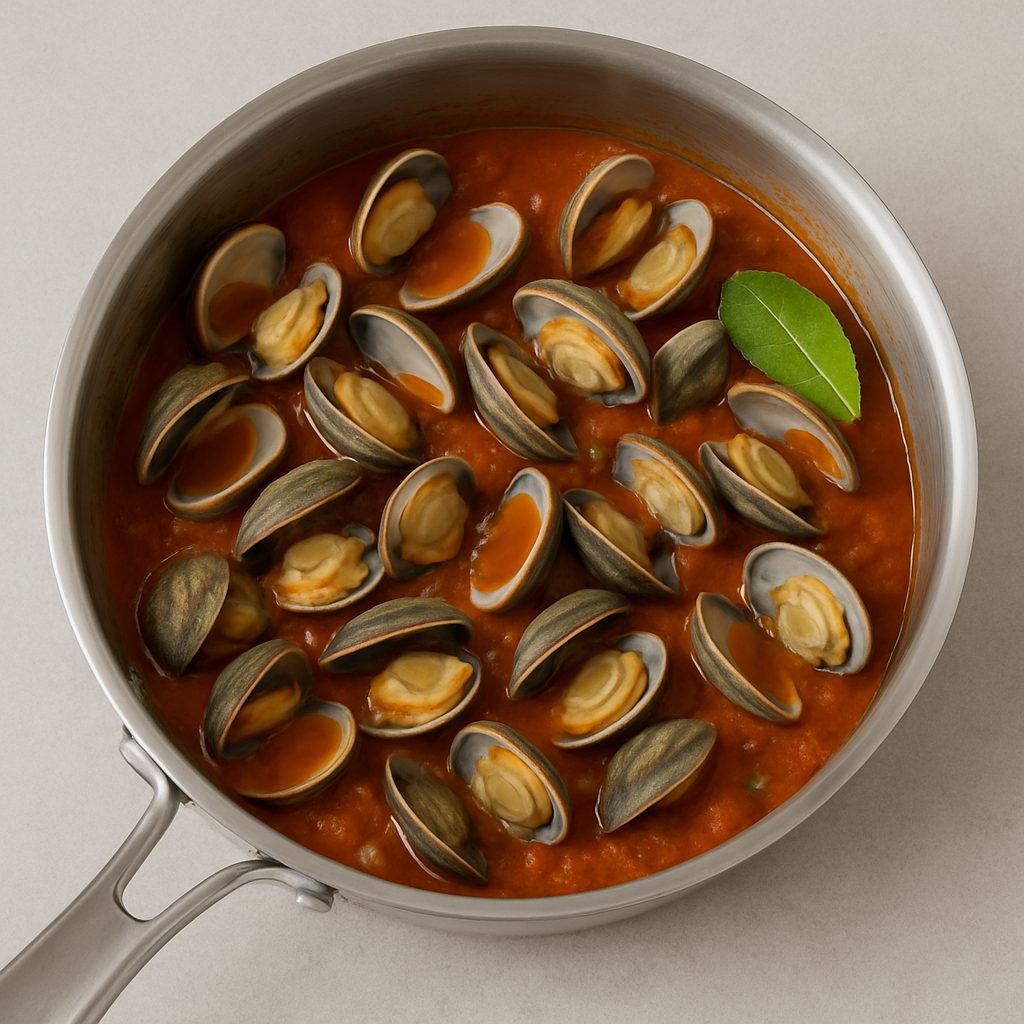 Almejas cocinándose en una sartén con salsa marinera hasta que se abren.