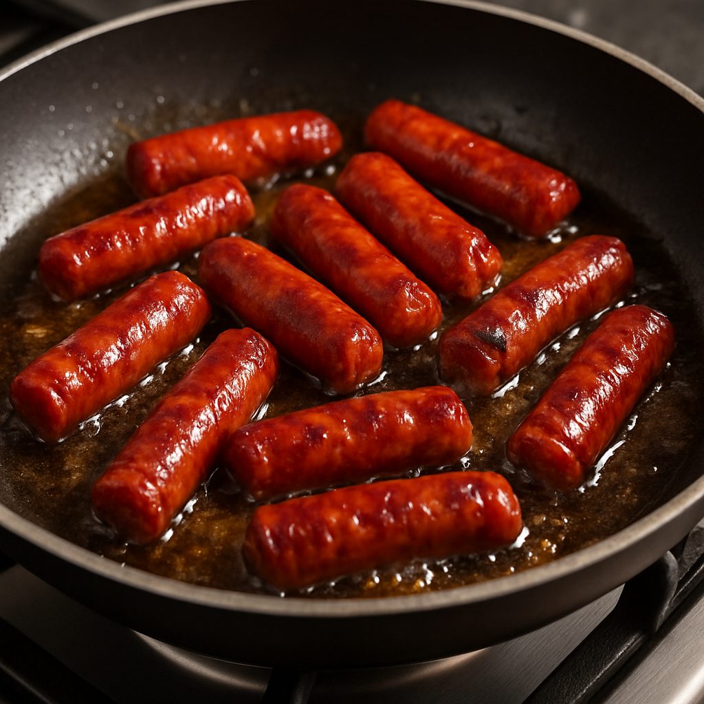  Chistorra dorada cocinándose en una sartén con sidra y hojas de laurel, burbujeando suavemente mientras se reduce la salsa.