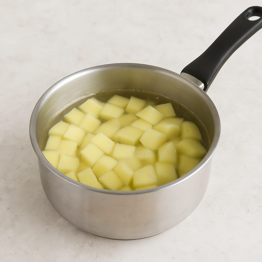 "Cubos de papa cocinándose en una olla con agua y sal, en proceso de ebullición sobre una cocina."