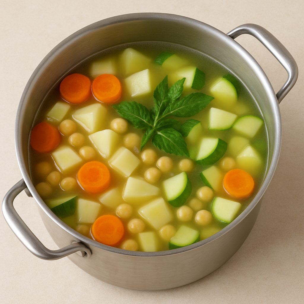 Olla con caldo hirviendo y vegetales como zanahorias, papas, calabacitas, garbanzos y una ramita de epazote.