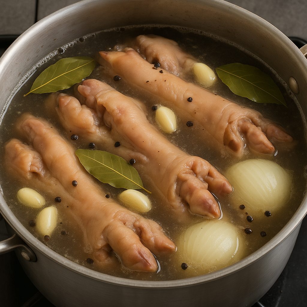 Manitas de cerdo cocinándose en una olla con agua, sal y especias hasta quedar tiernas.