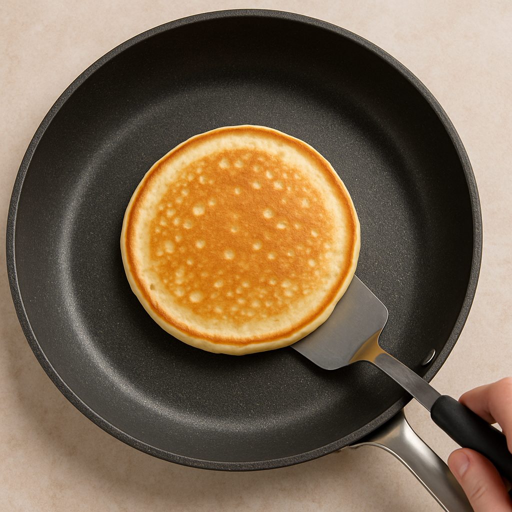 Panqueca dorada cocinándose en una sartén con espátula lista para voltearla.