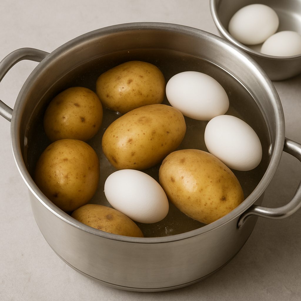 Papas con cáscara y huevos cocinándose en una olla con agua, listos para preparar una ensalada.