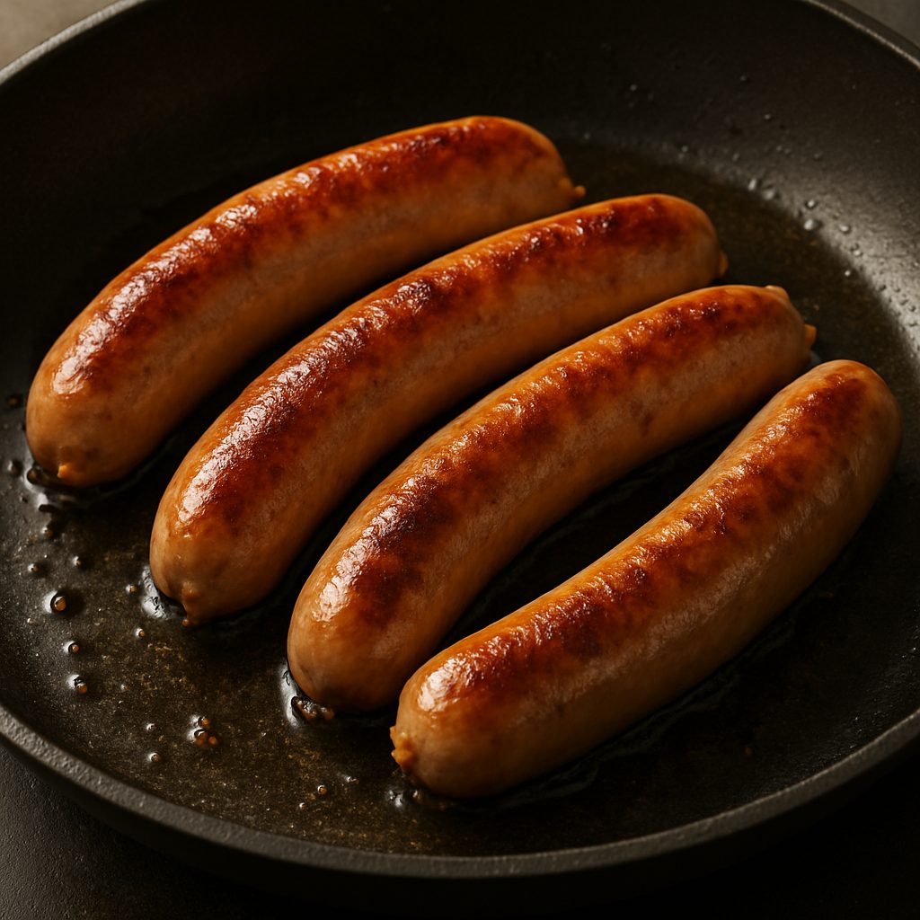  salchichas de cerdo dorándose en una sartén con un ligero brillo de aceite caliente.