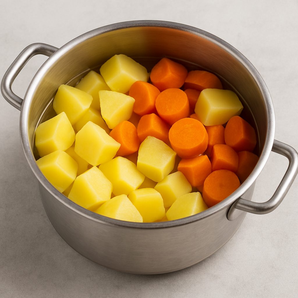 Papas y zanahorias cocidas en una olla, tiernas pero firmes, listas para enfriar y usar en la preparación.