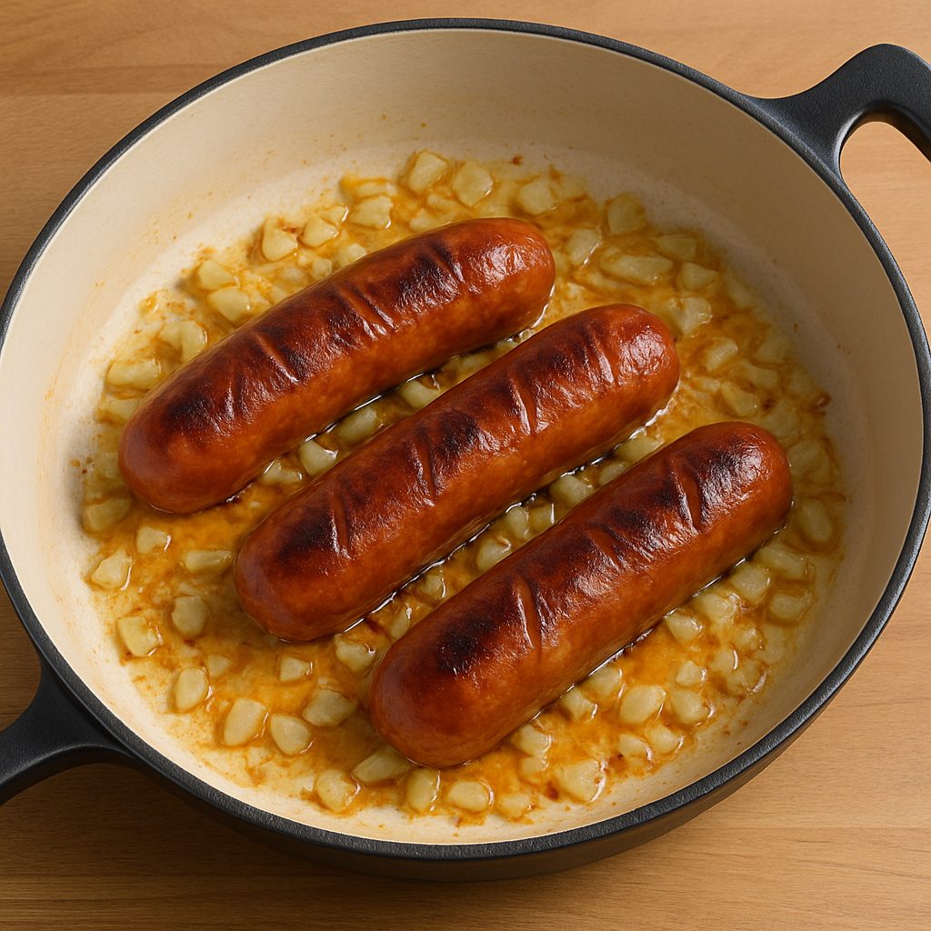 Chorizos dorándose en una sartén durante la cocción