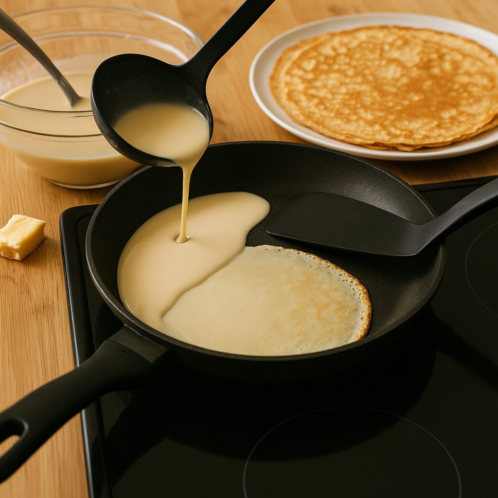 Frixuelos cocinándose en una sartén caliente, dorándose ligeramente por ambos lados hasta obtener una textura fina y crujiente