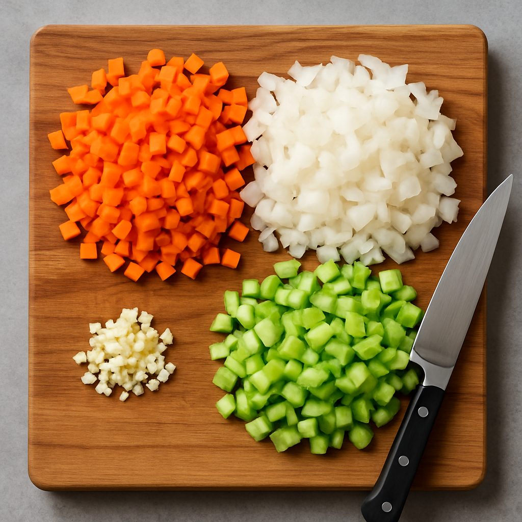 Tabla de cortar con zanahorias, cebollas, apio y ajo finamente picados, listos para preparar la base del minestrone.