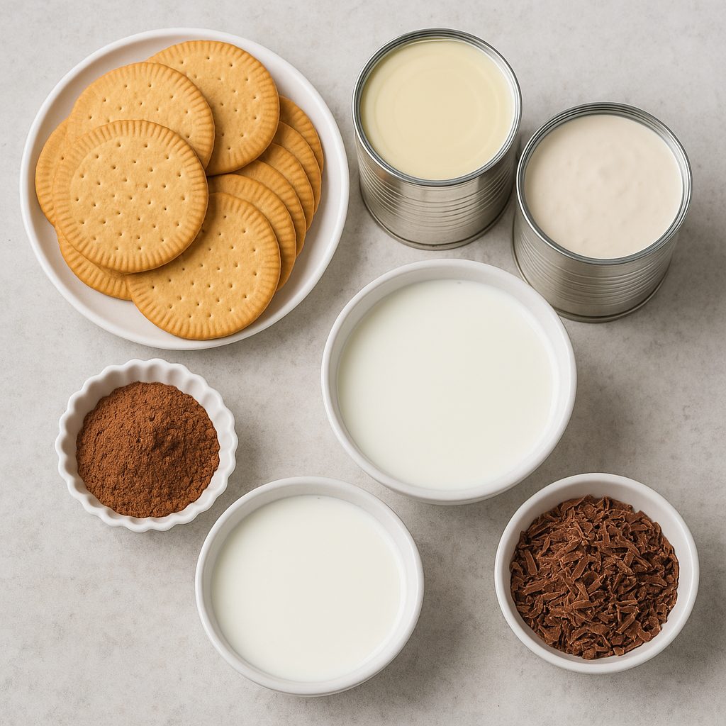 Ingredientes dispuestos sobre una mesa para preparar pavê casero, incluyendo galletas, leche condensada, crema de leche, cacao en polvo y chocolate rallado.