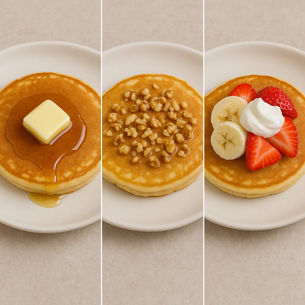 Pancakes servidos en plato blanco con distintos toppings como manteca y miel, nueces con jarabe, y frutas con crema batida.