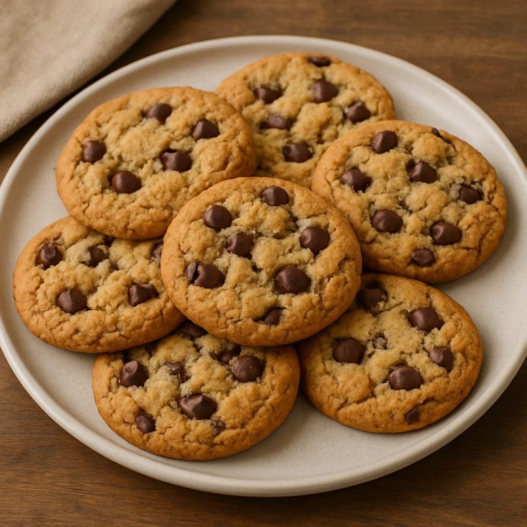Cookies americanas recién horneadas, con bordes dorados y centro suave, repletas de chispas de chocolate sobre un plato cerámico.