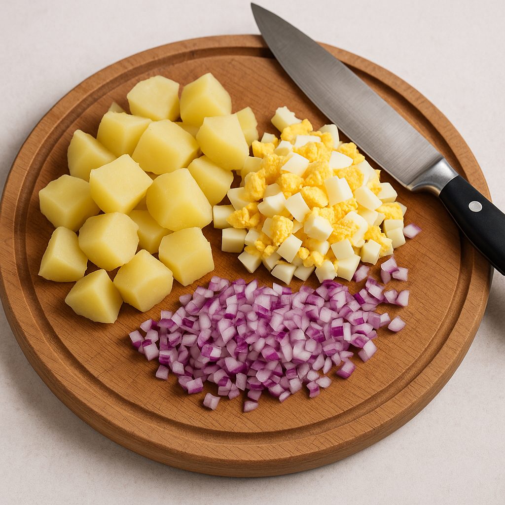Papas, huevos y cebolla finamente picados listos para mezclar en una ensalada.