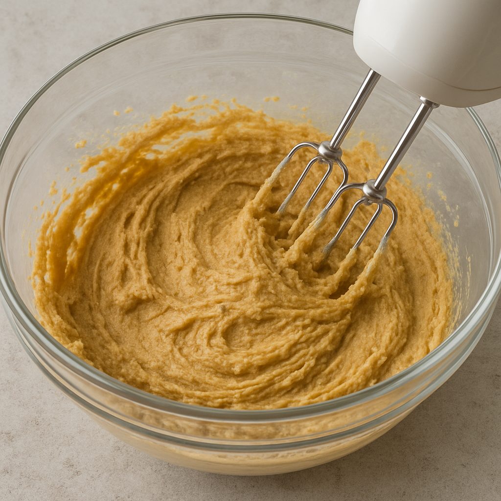 Mezcla cremosa de mantequilla, azúcar moreno y azúcar blanco en un bol de vidrio, batida con una batidora eléctrica hasta obtener una textura suave y esponjosa.