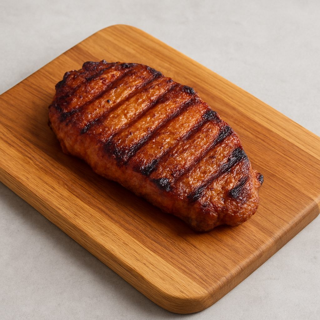 Carne de cerdo asada con marcas de parrilla, reposando sobre una tabla de cortar de madera.