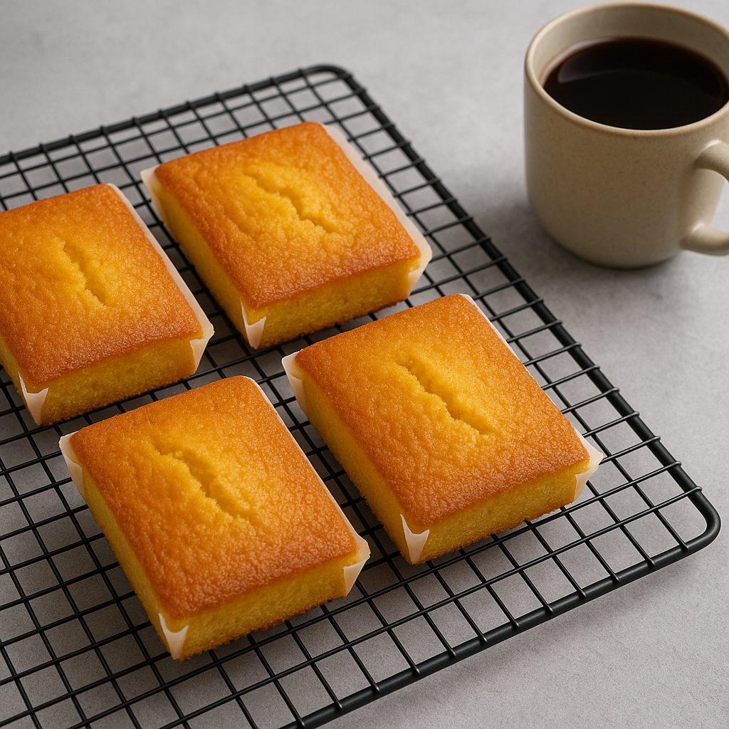Sobao pasiego recién horneado sobre una rejilla enfriándose, listo para servir acompañado de una taza de café.