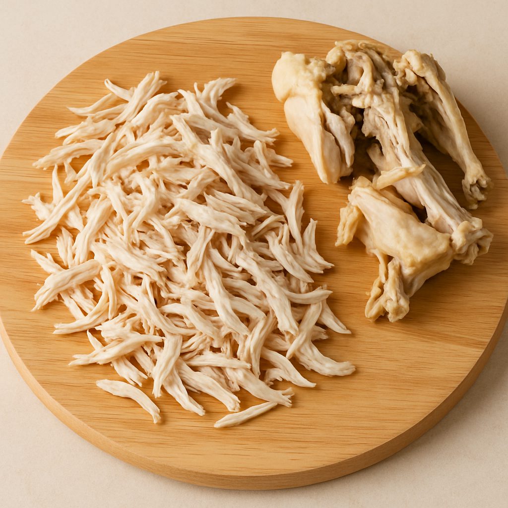 Pollo cocido desmenuzado en hebras finas sobre una tabla de madera, junto a los huesos retirados.
