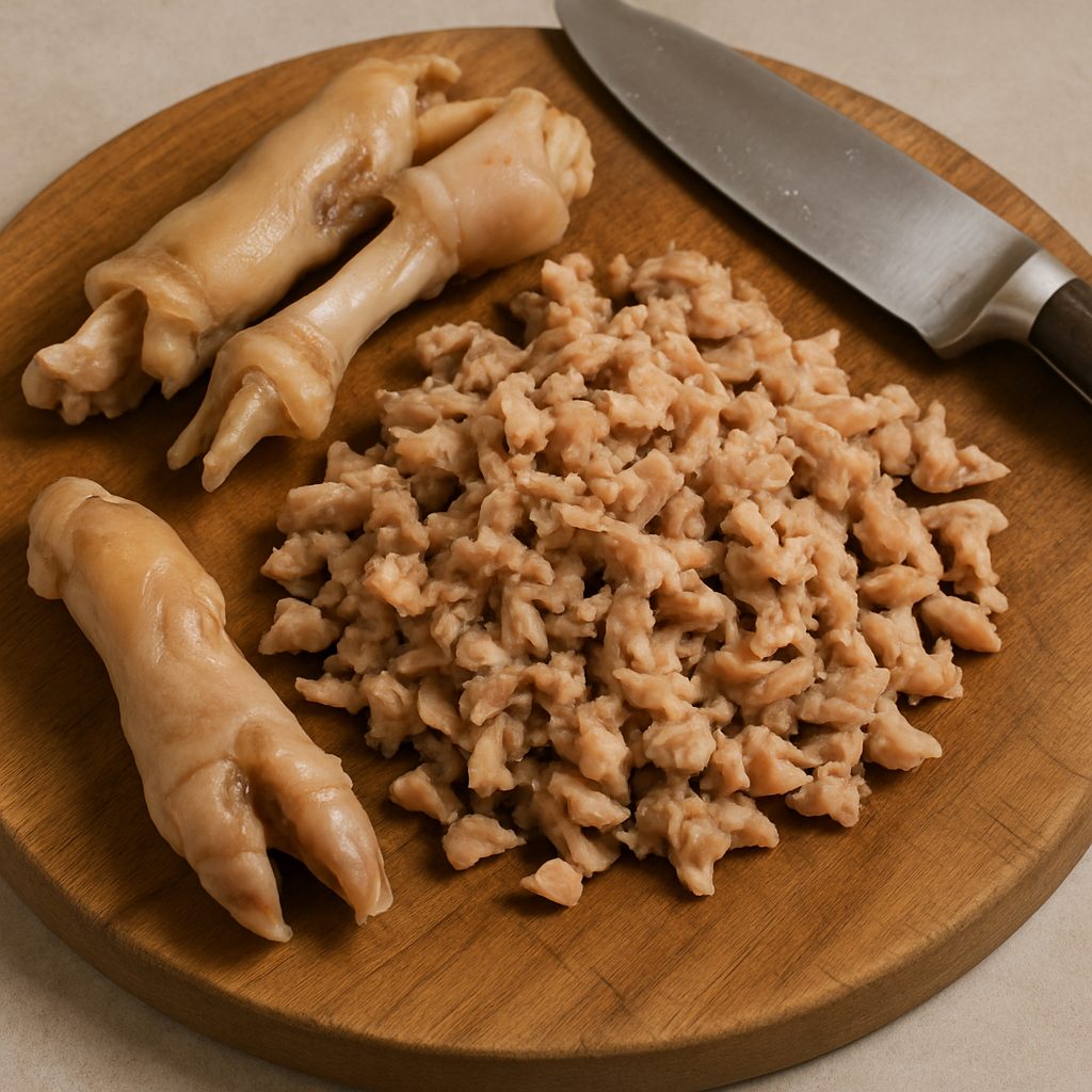 Manitas de cerdo cocidas siendo desmenuzadas en un plato, separando la carne en trozos pequeños.